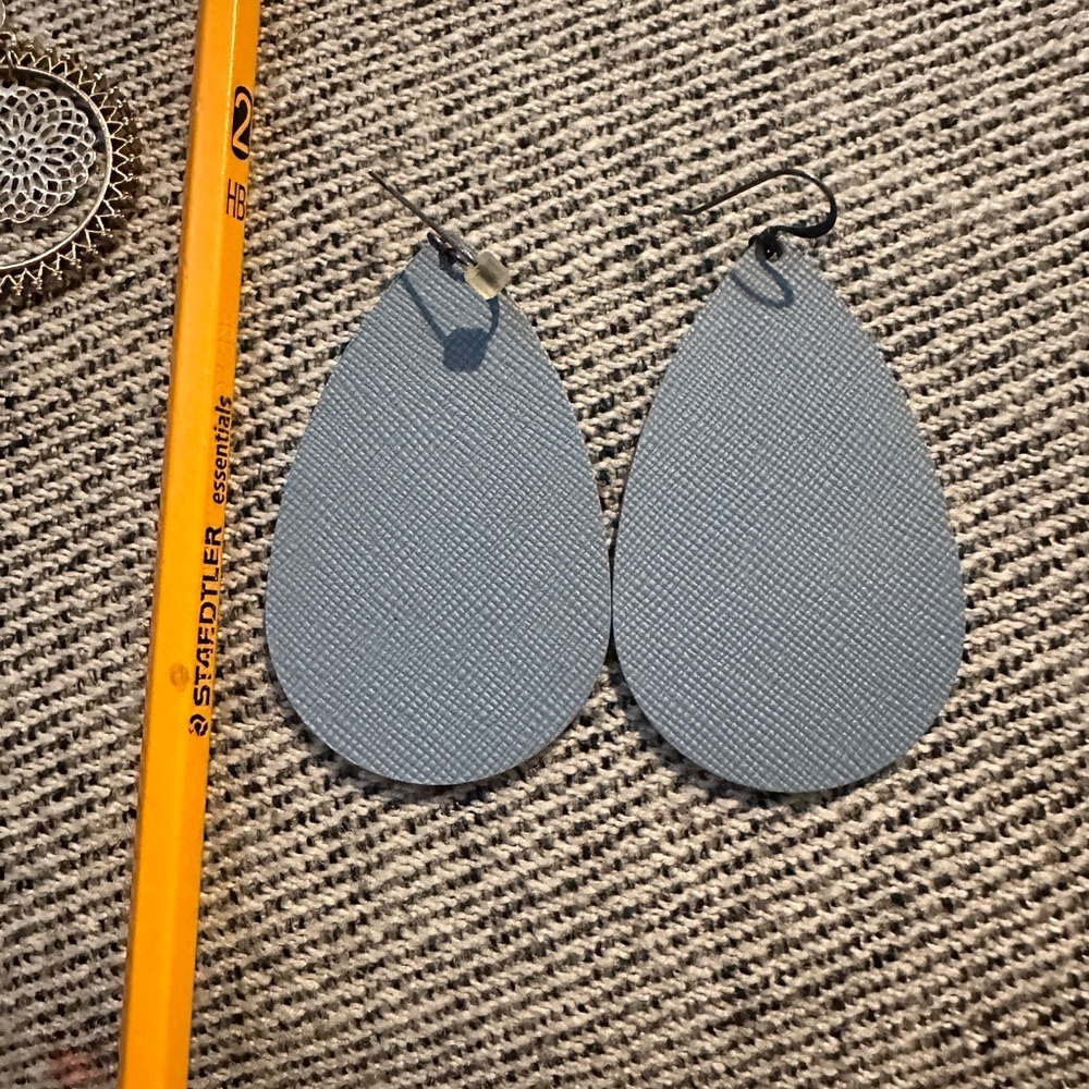 Nickel and Suede Cornflower Blue Leather Teardrop Earrings